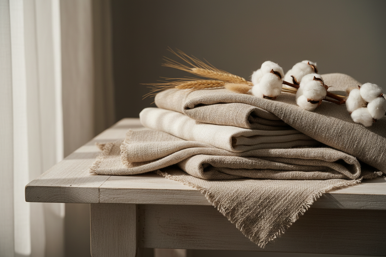 generate image for arth studio that goes with 

Made with Care
"We work primarily with premium linen and natural blends that are light, breathable, and durable.

Our fabrics are chosen not just for how they look, but how they age — becoming softer and more comfortable with every wear."